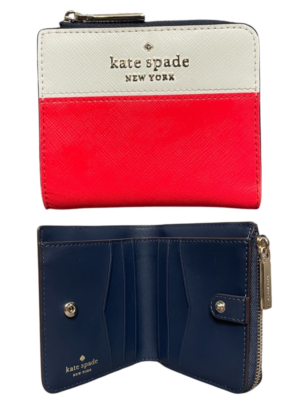 Kate Spade Tricolor Snap Closure Compact Bifold Zip Wallet - Red, Navy & Cream